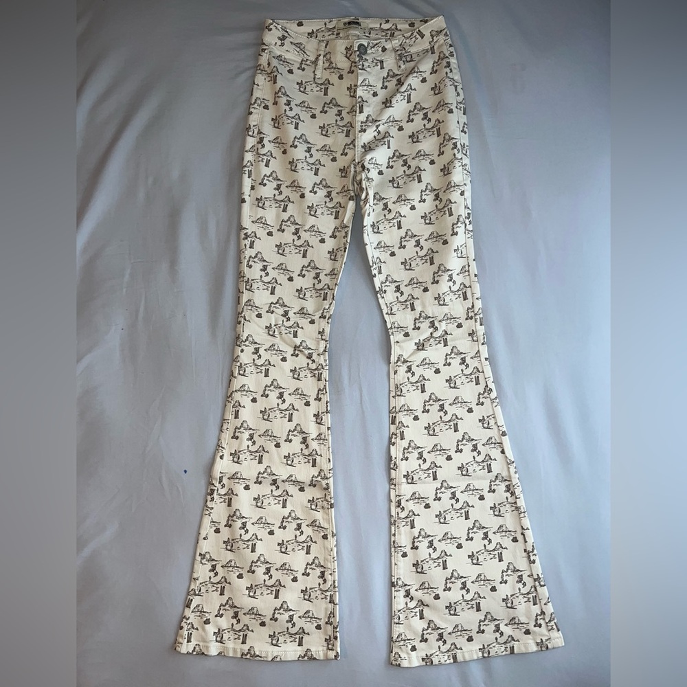 Cream Flared Jeans with Western Print